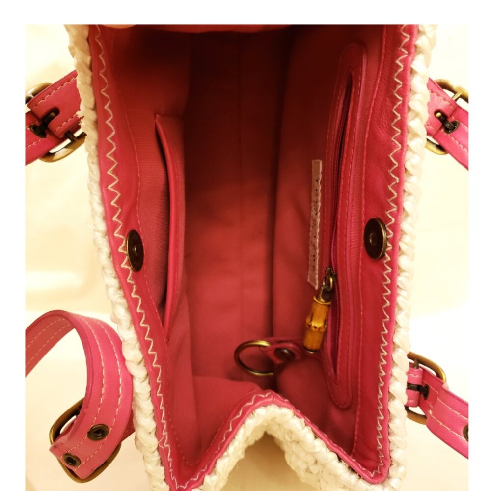 Trina Turk Handbag/Shoulder Bag White Woven Pattern with Pink Handles - Picture 6 of 6
